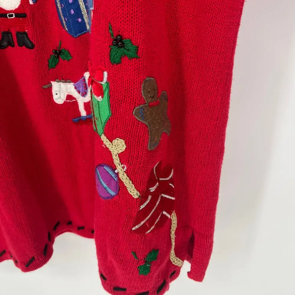 Vintage Red Christmas Sweater Embroidered Santa Toys Gifts Holiday Pullover